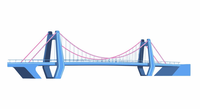 Stylized blue suspension bridge with pink cables, on a white background