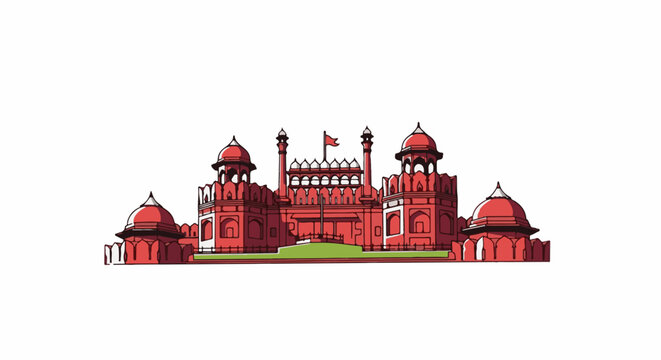 Artistic depiction of a grand red sandstone fort with domed towers and a flagpole