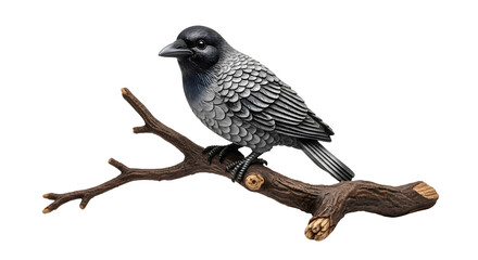 Obraz premium Detailed sculpture of a crow perched on a textured tree branch against a white background