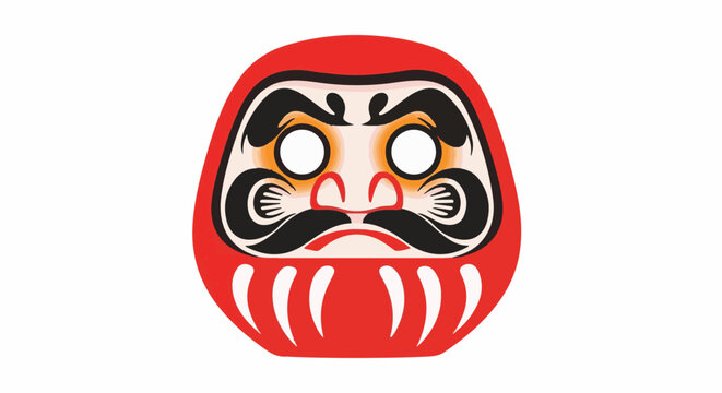 A round, red, faceless doll with a fierce mustache and white eyes