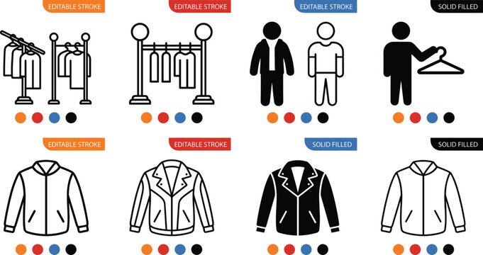 Clothing store and apparel icon set featuring garment racks jacket line art outerwear silhouettes and hanger vector symbols