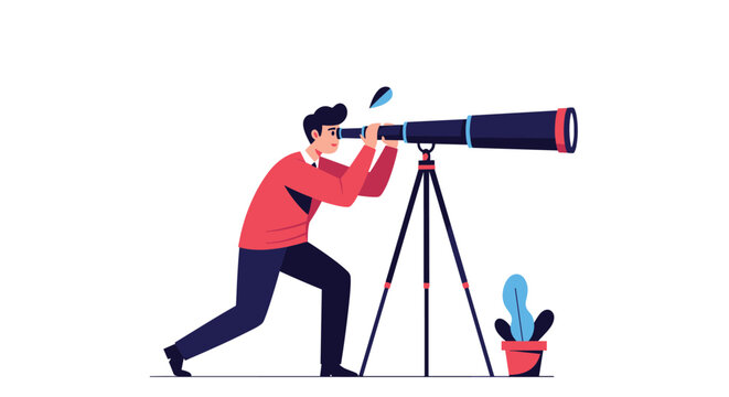 Illustration of a curious man looking through a large professional telescope on a tripod exploring the stars or distant views.