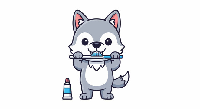 Cute cartoon wolf brushing its teeth with toothpaste