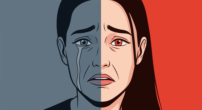 Split face, one crying in gray, other angry in red