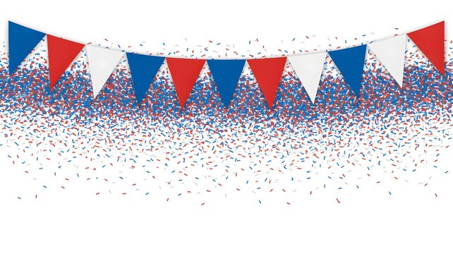 Patriotic red white and blue bunting flags with confetti for national celebration, patriotic