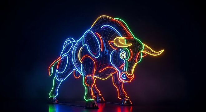 Vibrant neon bull outline glows against a dark, reflective background