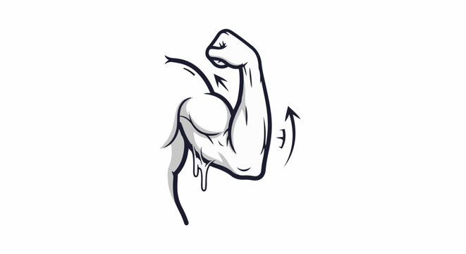 Stylized illustration of a flexing muscular arm with sweat drips and motion arrows