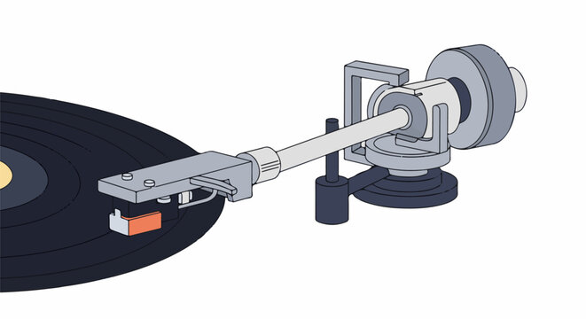 Stylized, isometric view of a record player tonearm and vinyl record