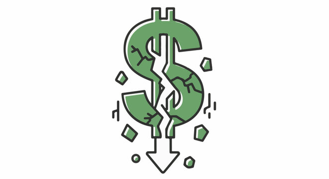 Cracking green dollar symbol with downward arrow and fragments