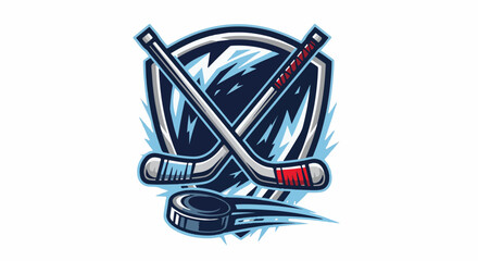 Fototapeta premium Crossed hockey sticks and puck in front of an icy shield emblem