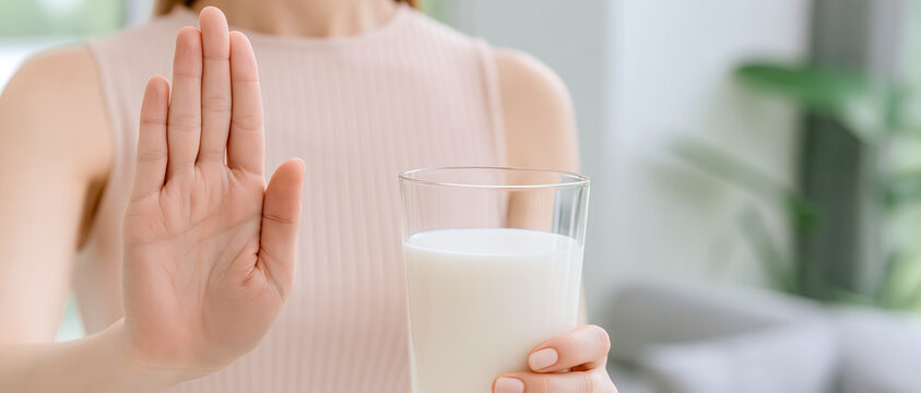 牛乳を拒否する手のクローズアップ 乳糖不耐症と牛乳アレルギーのイメージ