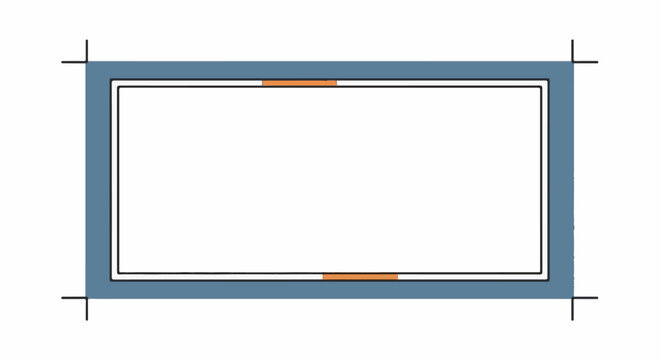 Rectangular blueprint with a dashed outer frame and a central white space
