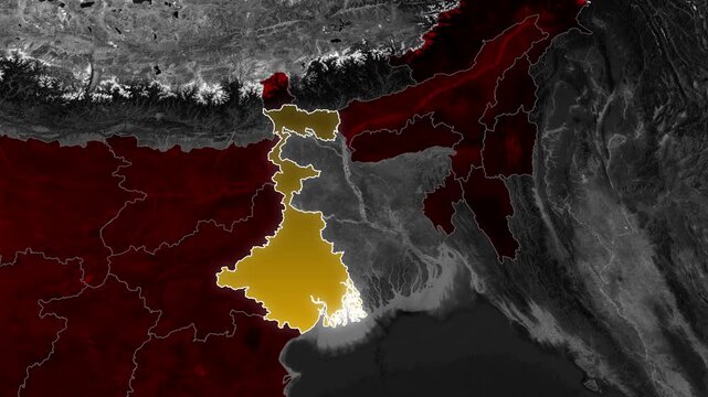 West Bengal Geographic Map Highlight Animation Featuring State Borders Location Identification Political Cartography Regional Focus Motion Graphics for Broadcast News Education and Presentations