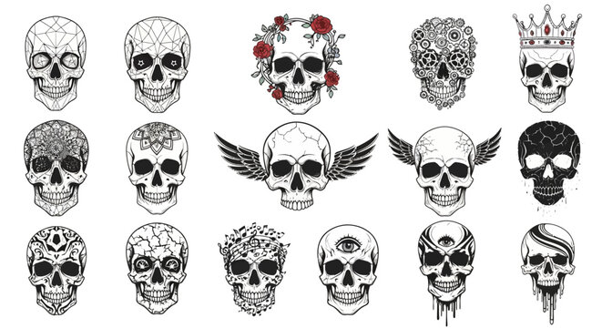 Collection of decorative skull illustrations with various designs and patterns.