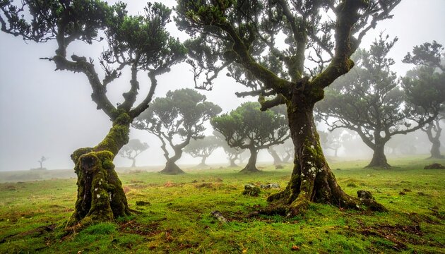 Misty ancient gnarled trees in green meadow