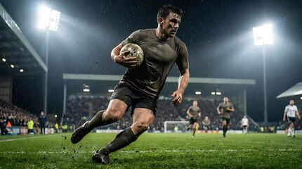 Naklejka premium rugby player running with ball under stadium lights sport action game field athletic competition teamwork