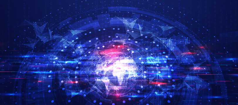 Abstract digital world map within a futuristic technological circle with light effects.