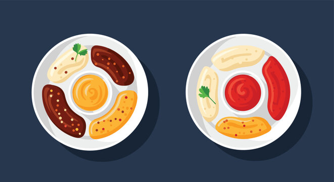 Two plates of assorted sausages and dipping sauces like mustard and ketchup served as appetizers on a dark background.