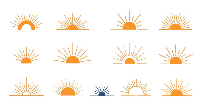 Collection of stylized sunburst or sunrise icons in orange and dark blue showing different rays and half-circle shapes.