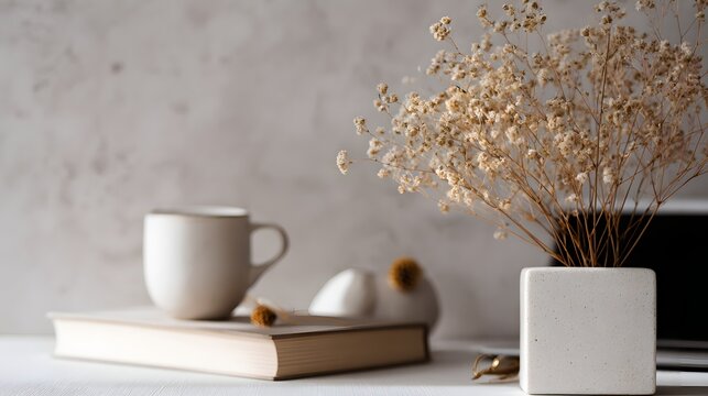 Cozy morning scene featuring coffee books and dried flowers in a minimalist home office