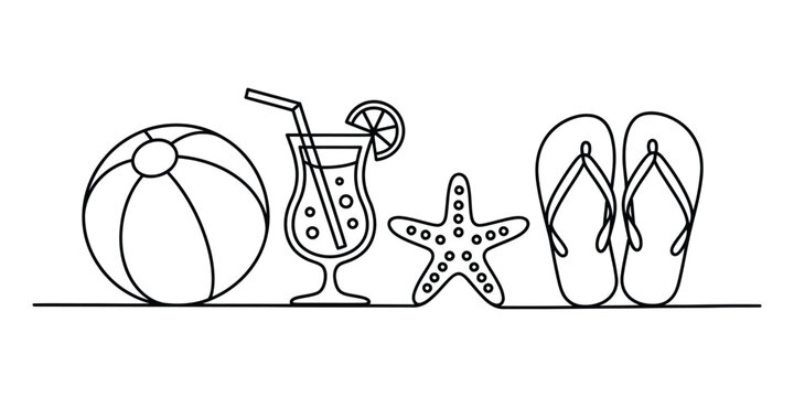 Summer beach items line art set with ball and drink