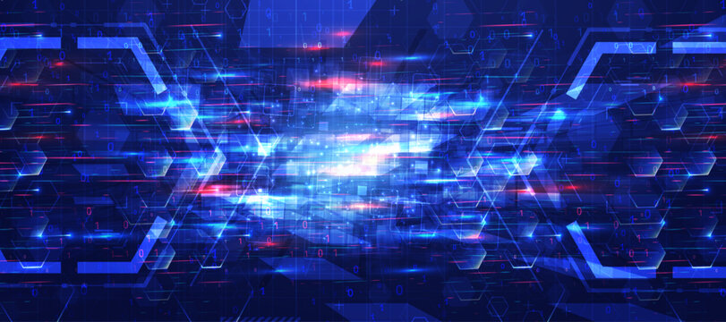 Modern digital technology background with blue glowing hexagons and abstract binary data motion.
