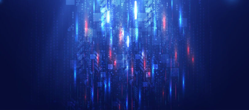 Digital matrix data stream with blue and red glowing binary code for technology backdrop.