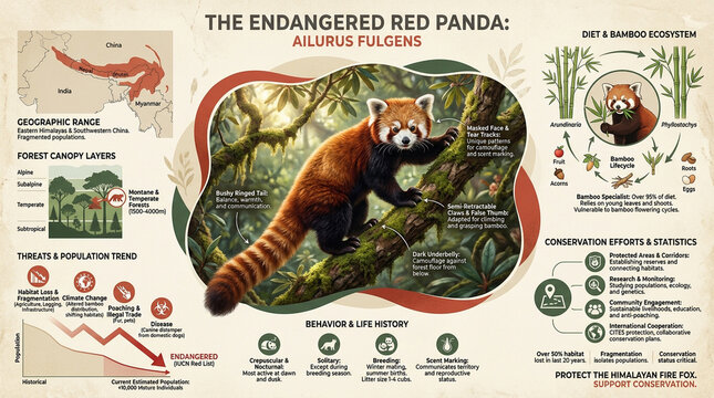 Educational Infographic Poster of the Endangered Red Panda Ailurus Fulgens Ecosystem and Biology