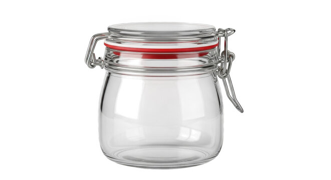 Empty glass jar with metal clasp and red seal on white background