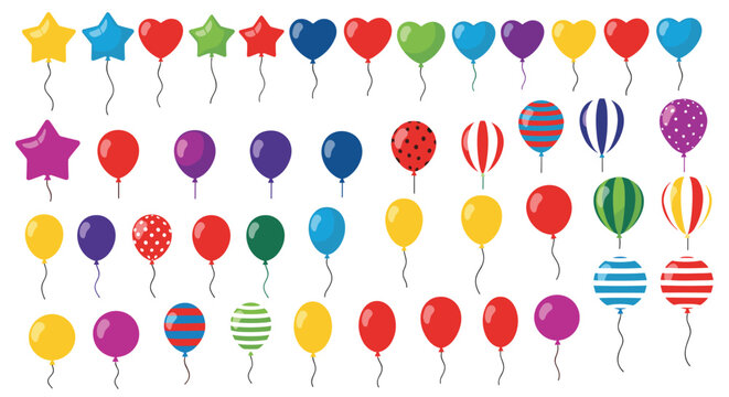 Wide variety of colorful balloons in different shapes like stars, hearts, and round with various patterns and stripes.