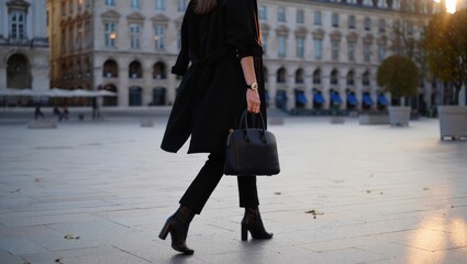 Low cropped view of an elegant woman dressed in all black coat, trousers and heeled boots walking across a sunlit stone-paved European city square, a grand classical building facade behind her. © olga_demina