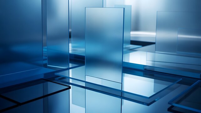 rectangular glass panels in blue 3d scene rendering perspective reflection transparency geometric