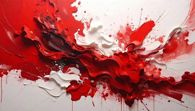 Abstract artwork of crimson and ivory paint exploding and swirling against a white backdrop, creating a dynamic composition