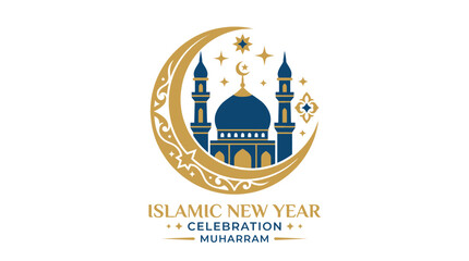Fototapeta premium Islamic New Year Celebration Muharram Crescent Moon and Mosque Icon Muslim Holiday Symbol Religious Festival Decoration Golden and Blue Traditional Design Element