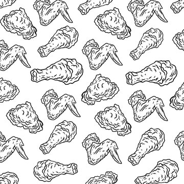 Fried chicken seamless pattern background. Hand drawn sketch illustration of chicken wings and drumsticks. Crispy fast food pattern design.