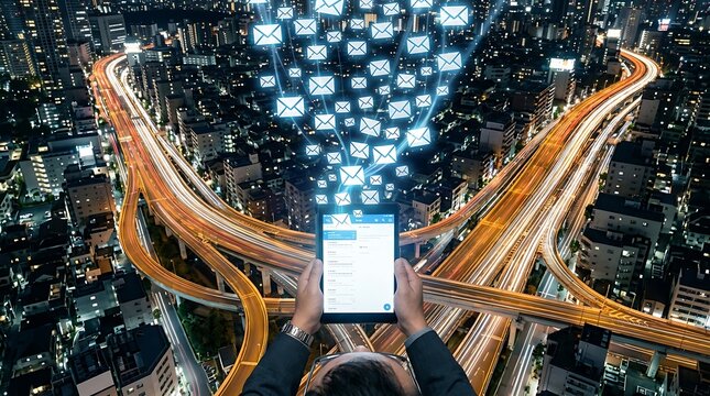 Businessman holding a tablet with email icons flying over a night city highway interchange