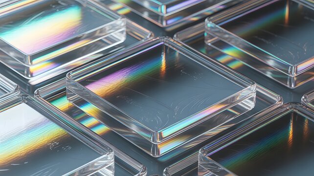 stacked glass blocks with iridescent reflections transparent rectangular crystal prism light shiny