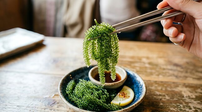 Eating fresh green sea grapes umibudo with chopsticks and dipping sauce on a wooden table