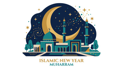 Islamic New Year Muharram greeting card with mosque and crescent moon design symbolizing spiritual reflection and renewal. © Dikzma