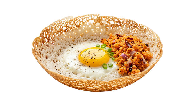Traditional Sri Lankan egg hopper served with coconut sambal isolated on black background