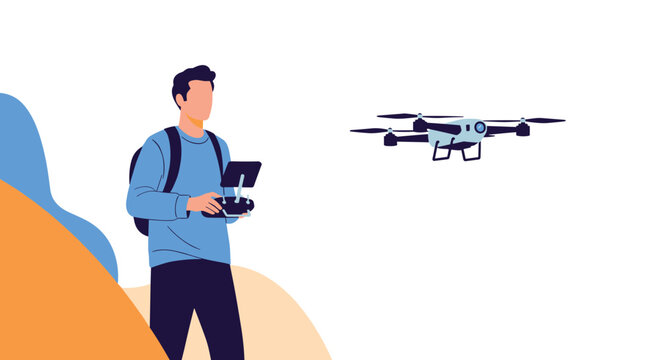 Young man using a remote control to fly a white quadcopter drone in an open outdoor space with a minimalist background.
