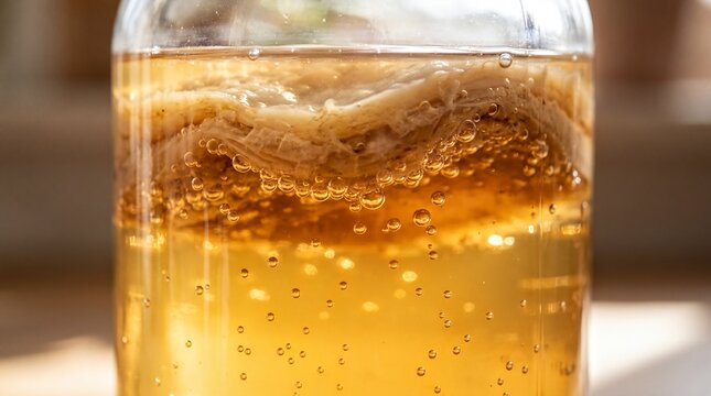 fermented beverages, a vibrant macro of bubbling kombucha scoby in a partially filled jar