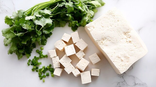 Tofu cubes with cilantro and dill