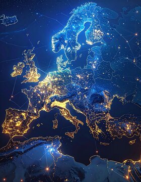Glowing European continent map lights