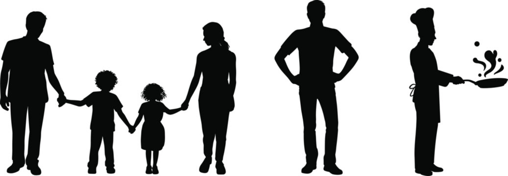 Family silhouettes with parents children together, chef cooking food, domestic lifestyle teamwork, culinary profession, unity, parenting, kitchen role illustration