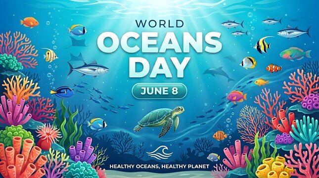 world oceans day poster with colorful marine life fish coral turtle underwater vector illustration blue background ecology conservation
