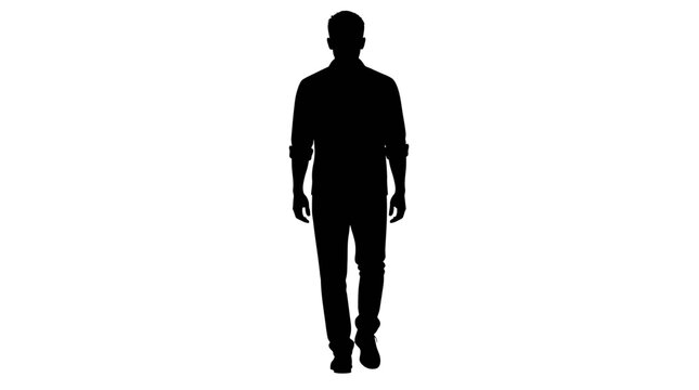 Person walking towards the camera appears as a solid black silhouette on a bright white surface.
