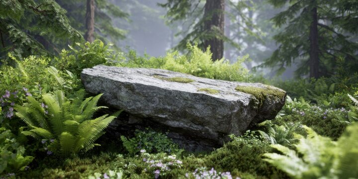 a large, flat rock in the middle of an old-growth forest, surrounded by moss and ferns, with foggy morning light.