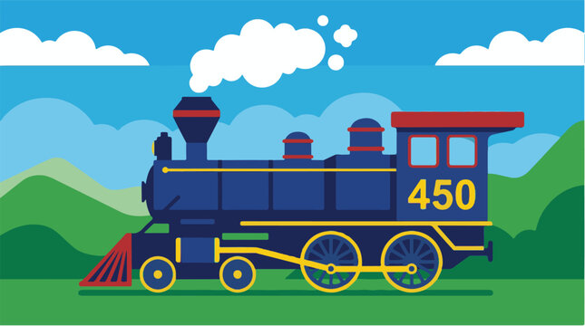 Cute blue cartoon steam train locomotive traveling through green hills landscape vector background illustration for children