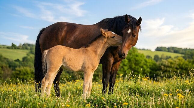 Majestic bay mare with light brown foal in summer meadow, beautiful horse family in green pasture, rural equestrian landscape with mother and baby horse